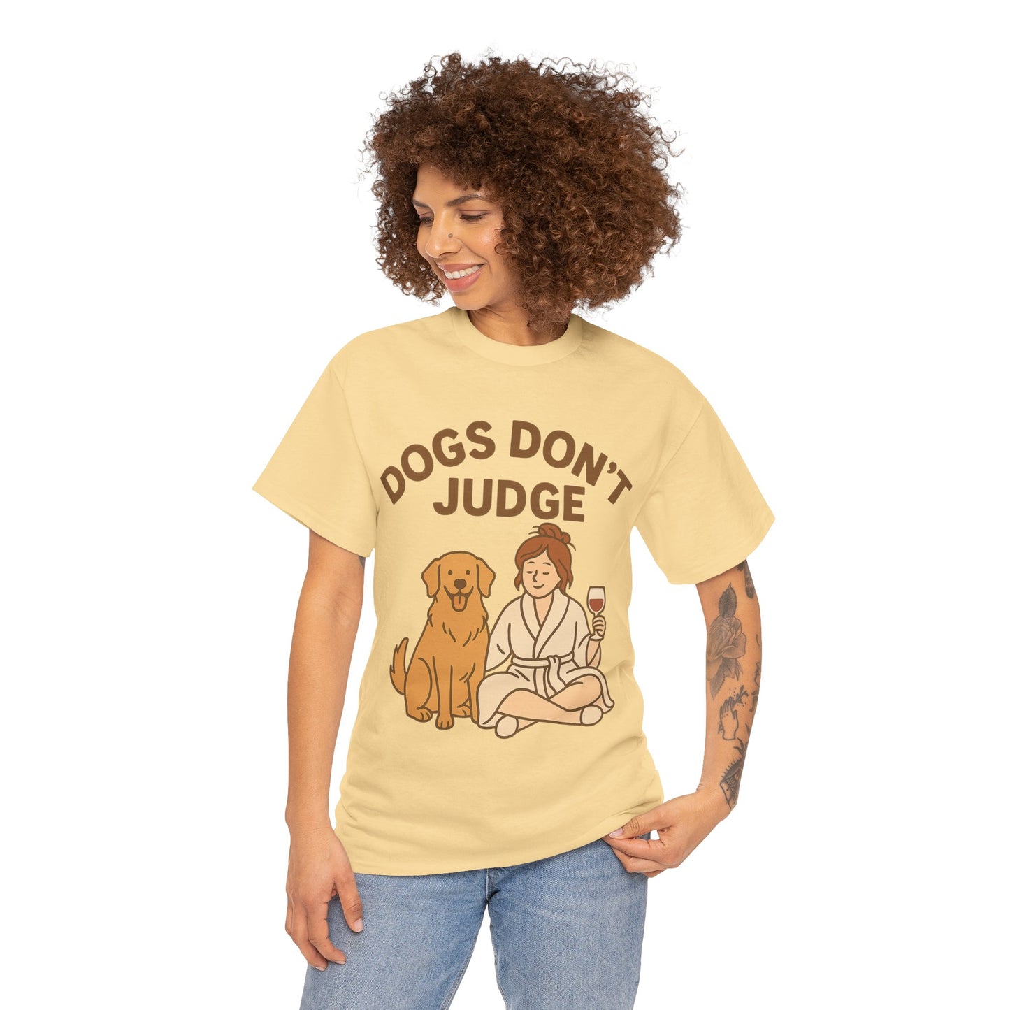 Cute Dog Lover Unisex Heavy Cotton Tee - 'Dogs Don't Judge' by Sunday Woof Club