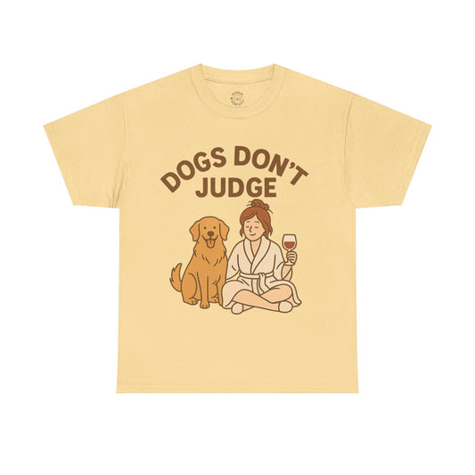 Cute Dog Lover Unisex Heavy Cotton Tee - 'Dogs Don't Judge' by Sunday Woof Club